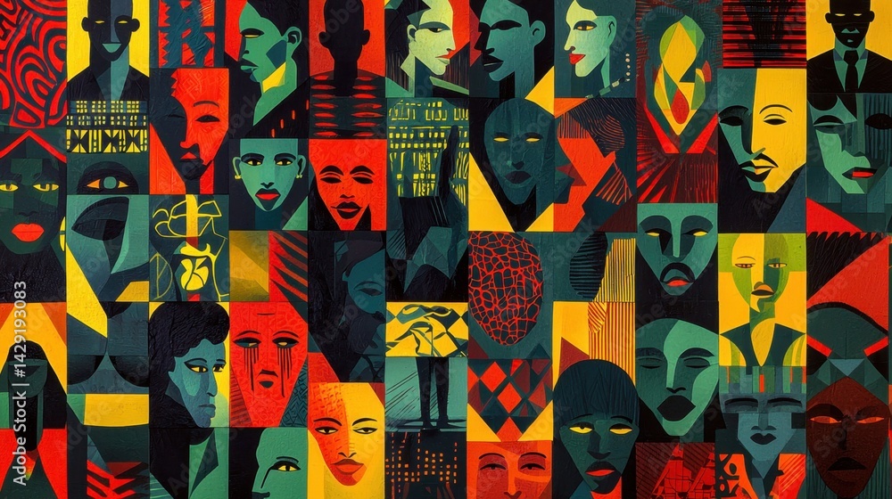 Poster a vibrant collection of abstract faces displayed in a grid, showcasing a blend of colors and shapes.