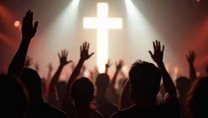 Christian worship concert background. people group sing praise and pray to god in Church on easter day or Sunday