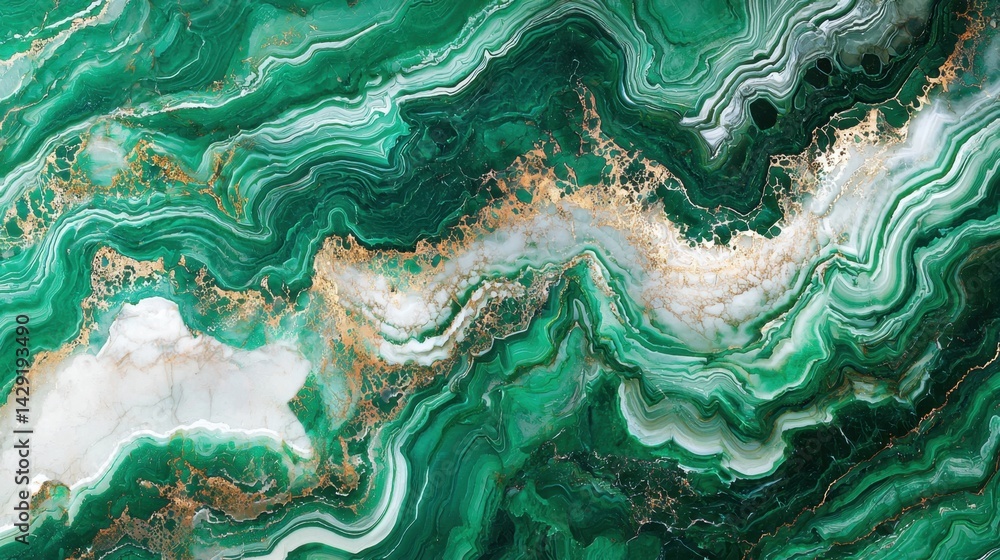 Poster rich green agate displays intricate white and gold patterns highlighting its unique mineral composit