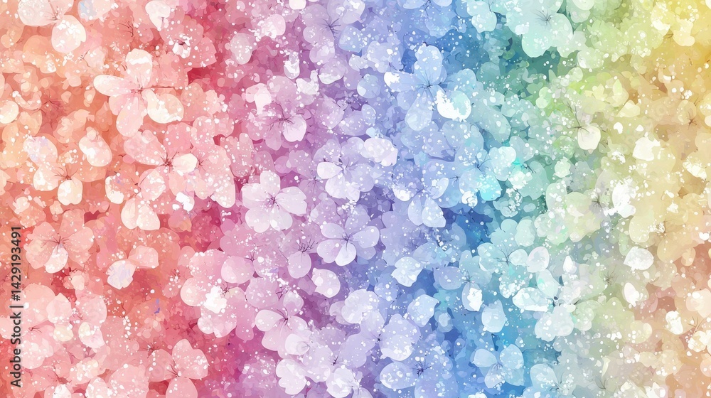 Poster a beautiful array of butterflies in soft pastel colors, blending seamlessly into a vibrant rainbow p