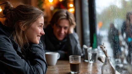 Young woman and man enjoying coffee and conversation in cozy cafe on rainy day with wet window