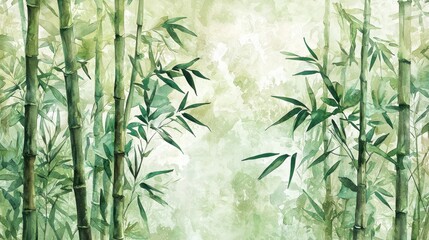 Tall bamboo stalks stand gracefully, surrounded by delicate green leaves, contributing to a peaceful and calming environment. Soft light filters through the foliage, highlighting nature's beauty