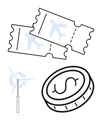 Pair of airplane tickets paired with a wind turbine and dollar coin. Ideal for travel, eco-tourism, renewable energy, cost-saving, sustainability, futuristic concepts, simple landing page