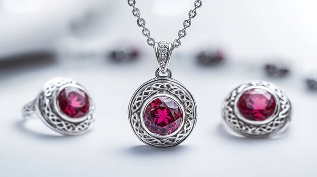 Classic silver jewelry set with matching ruby gemstones on earrings, necklace, and ring, isolate on white background