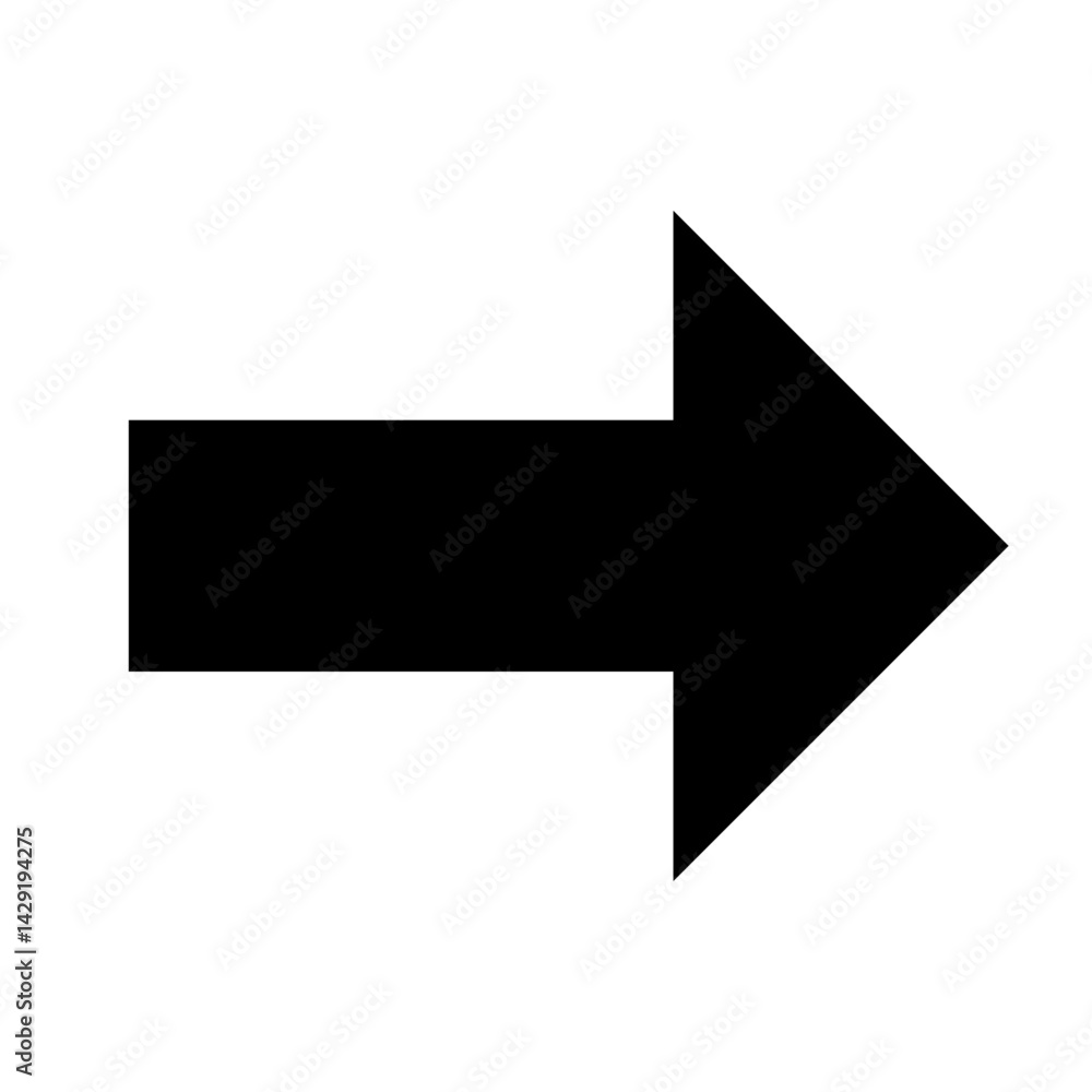 Poster a stylized black arrow pointing towards the right direction on a plain white background in a simple 