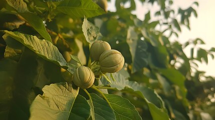 Obraz premium Closeup Golden Hour Shot of Three Round Fruits on Green Leaves