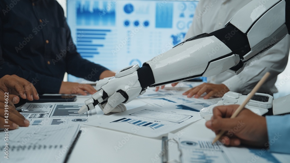 Poster a robotic arm assists a business team in analyzing data and creating presentations in a modern offic