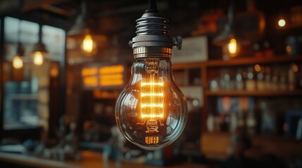 Warm incandescent lightbulb in a vintage cafe setting