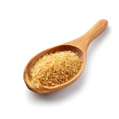 A wooden spoon filled with brown sugar, isolated on a clean white background