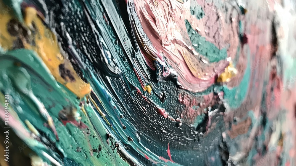 Poster vivid swirls of paint in various colors create a textured surface showcasing the artistic process. t