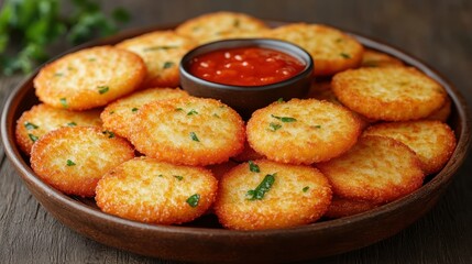 Hashbrowns and dip on platter