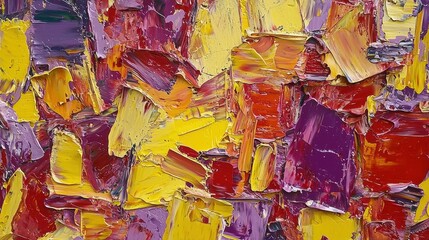 Fototapeta premium A lively abstract composition showcases a blend of red, yellow, and purple colors applied with thick strokes, creating an engaging textured experience for viewers. This artwork invites interpretation