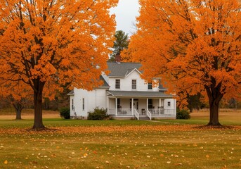 Obraz premium Charming white farmhouse with gable roof and porch framed by vibrant orange autumn trees