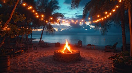 Warm fire burns in a fire pit on a sandy beach with palm trees and string lights at sunset, a cozy and romantic atmosphere.