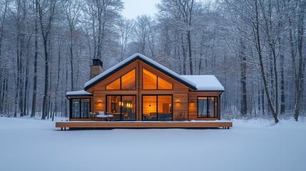 Warm light emanates from large windows of a modern wooden cabin in a tranquil snowy forest, a cozy atmosphere on a winter evening.