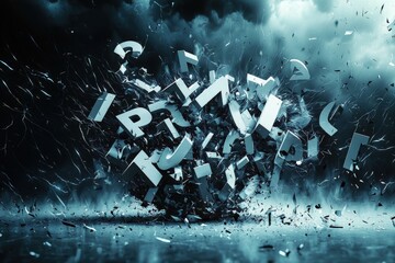 Dark stormy scene with metallic teal letters exploding and scattered debris on reflective surface
