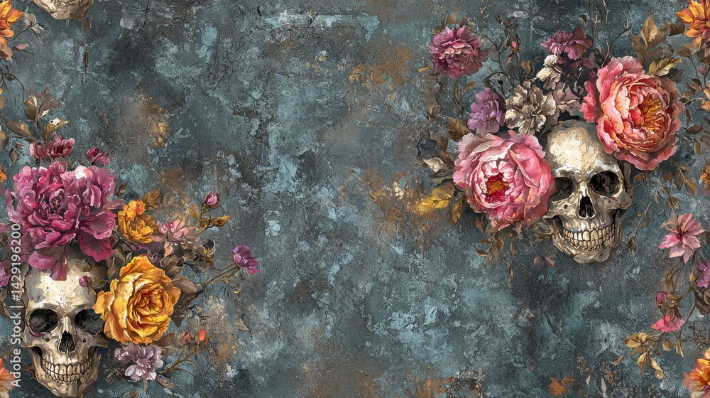 Poster a striking arrangement of skulls adorned with colorful flowers rests against a richly textured backd
