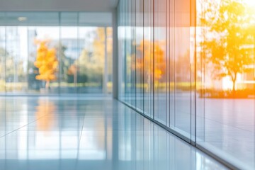 Modern, bright office hallway with glass walls. Sunlight streams through the windows illuminating a view of trees and foliage. Polished, light-colored floor