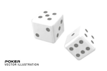 Halftone casino gambling dice poster, banner, flyer template. Vector illustration. Circle halftone shape game dice cubes in flight on a white background for casino and gambling industry.