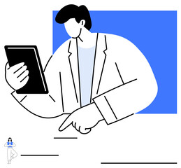 Person in blazer holding tablet, pointing while engaging in action. Ideal for technology, communication, business, leadership, professionalism, digital tools remote work concepts. Flat simple