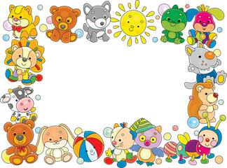 Fototapeta premium Holiday frame border with colorful cute toy baby animals for little boys and girls, vector cartoon illustration isolated on a white background