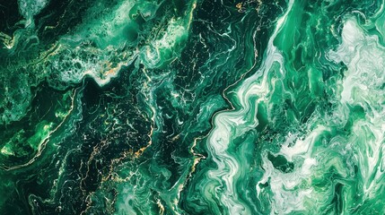 Fototapeta premium Vivid green and white hues intertwine, forming fluid patterns reminiscent of a lush forest. Light catches the edges, enhancing the natural stone's texture and depth