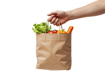 Hand holding paper grocery bag with vegetables png, shopping isolated on transparent background
