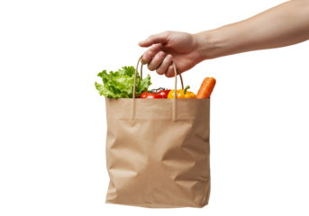 Hand holding paper grocery bag with vegetables png, shopping isolated on transparent background