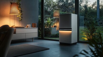 Modern, sleek, minimalist cabinet in a tranquil living room setting.