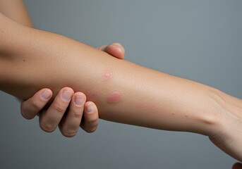 A close-up shot captures a person's arm, revealing a skin condition characterized by red patches