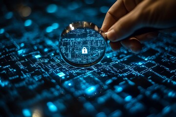 Cyber security concept with magnifying glass examining digital padlock on circuit board