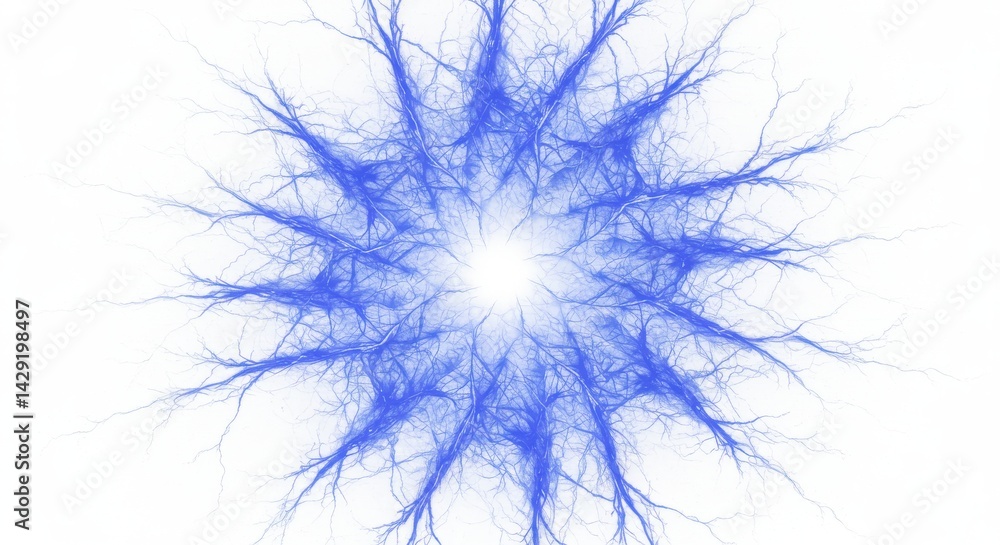 Poster abstract blue fractal design with radial symmetry and a bright central point on white background