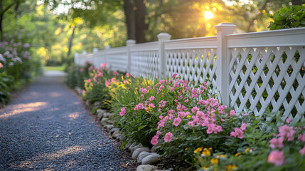 White lattice garden fence alongside a path, symbolizing privacy and defined boundaries