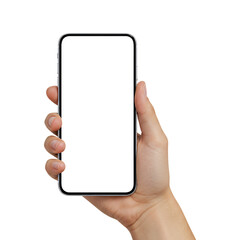 Hand holding smartphone device png, mobile phone with white screen isolated on transparent background