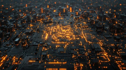 Illuminated, futuristic cityscape with intricate circuit details