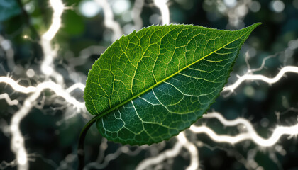vibrant green leaf showcases intricate veins symbolizing sustainability and beauty of nature design