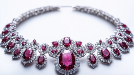 Luxurious ruby jewelry set with matching ruby and diamond accents on earrings, necklace, and ring, isolate on white background