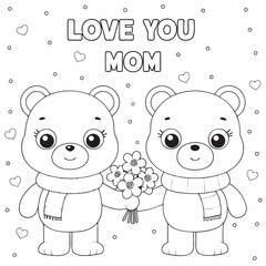 Love You Mom Bears Flowers Coloring Page, drawing design