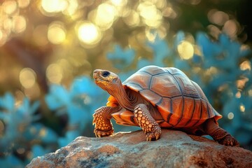 Fototapeta premium A radiant orange tortoise basks in the golden sunlight, perched atop a rock in a vibrant, blurred natural setting.