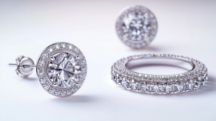 Classic silver jewelry set with clear topaz gemstones on earrings, necklace, and matching ring, isolate on white background