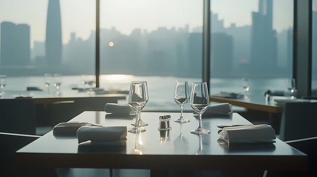 Empty restaurant tables overlooking a cityscape at dawn.