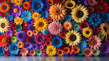 Vibrant Multicolored Flower Wall with Diverse Blooms and Textures