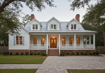 Pristine Southern-style cottage with dormer windows and brick driveway in a timeless rustic setting