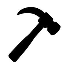 Silhouette image illustrating a carpenter's hammer with a curved claw on white background