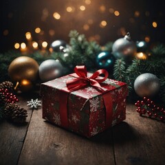 Festive Christmas Gift Box with Red Ribbon, Ornaments, Pine Branches, Lights, and Snowflake on Wooden Surface