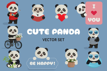 Funny Panda Vector Set. Kawaii Pandas in Cute Situations 