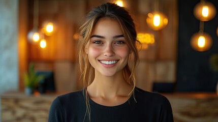 Welcoming guests with a warm smile at a hotel reception desk illuminated by modern lamps against a stylish wooden backdrop is a young elegant receptionist.