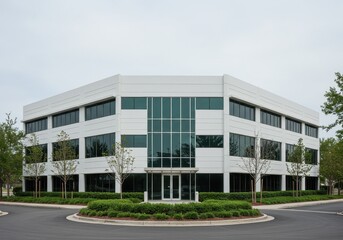 Obraz premium Large modern white office building with angular design and glass walls surrounded by manicured landscape