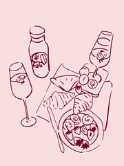 Breakfast with croissants, champagne and fruit. Vector illustration for invitations, postcards and posters. Illustration in the style of Dolce Vita.