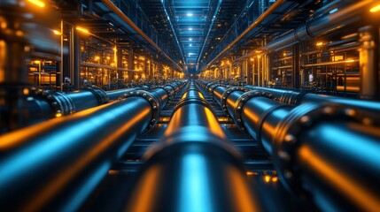 Industrial pipes stretch into the distance. Orange, blue hues